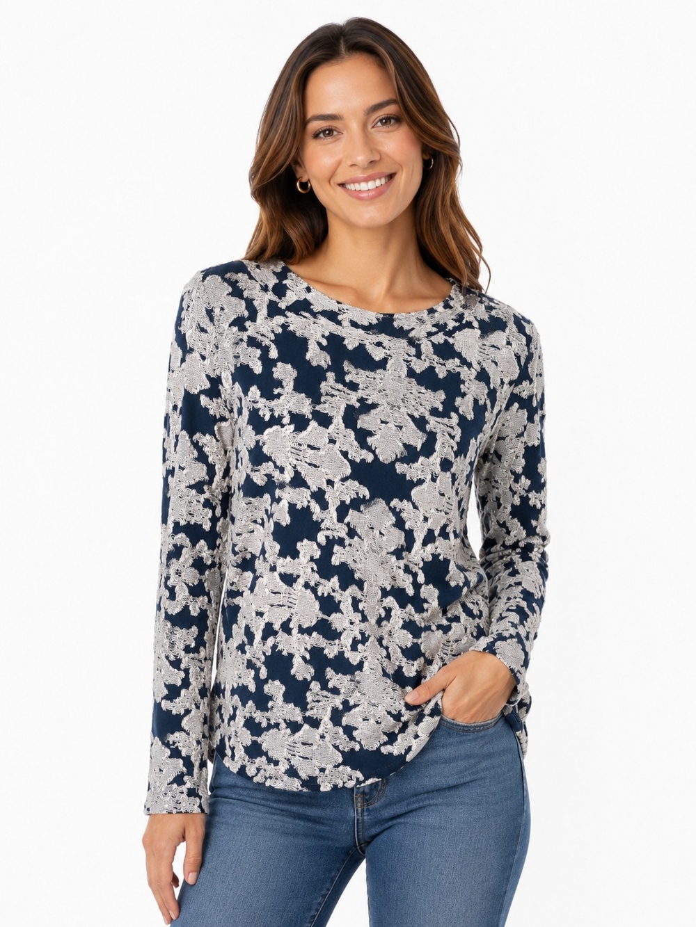 LOFT Navy and Light Gray Floral-Print Long Sleeve Top